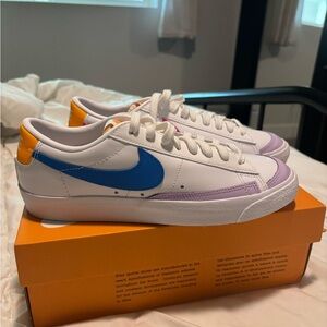 Nike White and Blue Sneakers with Orange and Purple Accents